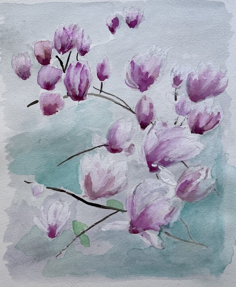 Magnolien mit violetten Blüten, Hintergrund hellgrün und weiß, Aquarell